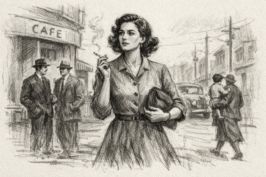 Mujer buscando ser independiente, dibujada en blanco y negro, novela La brecha, Mercedes Valdivieso.