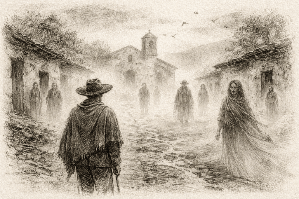 Pueblo fantasma emulando el pueblo de la novela Pedro Páramo, de Juan Rulfo.