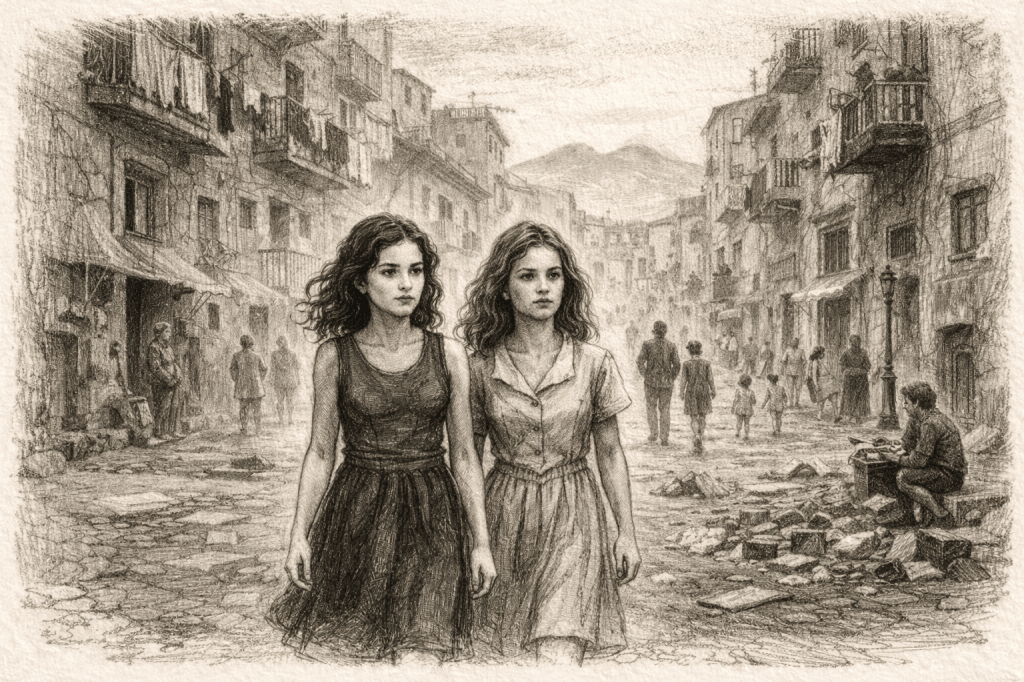 Ilustración que asemeja la saga: Dos amigas, Elena Ferrante.