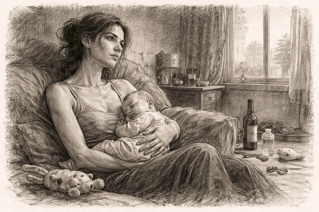 Mujer con su bebé recostada en la cama