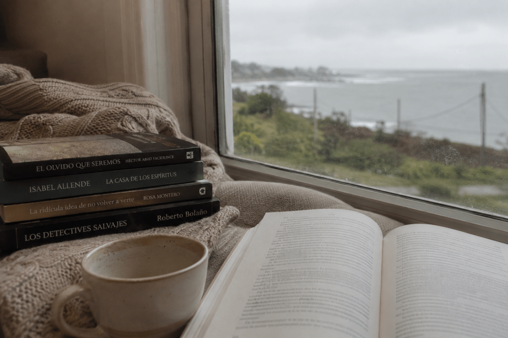 Fotografía desde una ventana. Libro abierto. Taza de Té y otras lecturas.