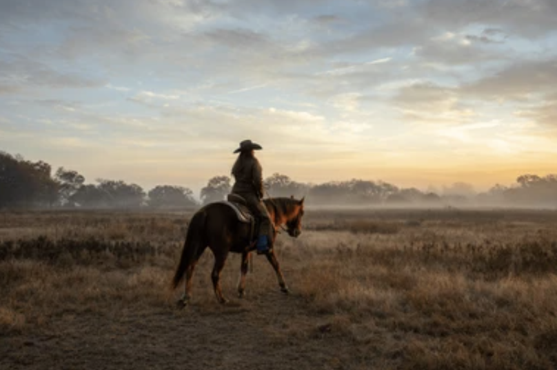 Mujer a caballo en el crepúsculo