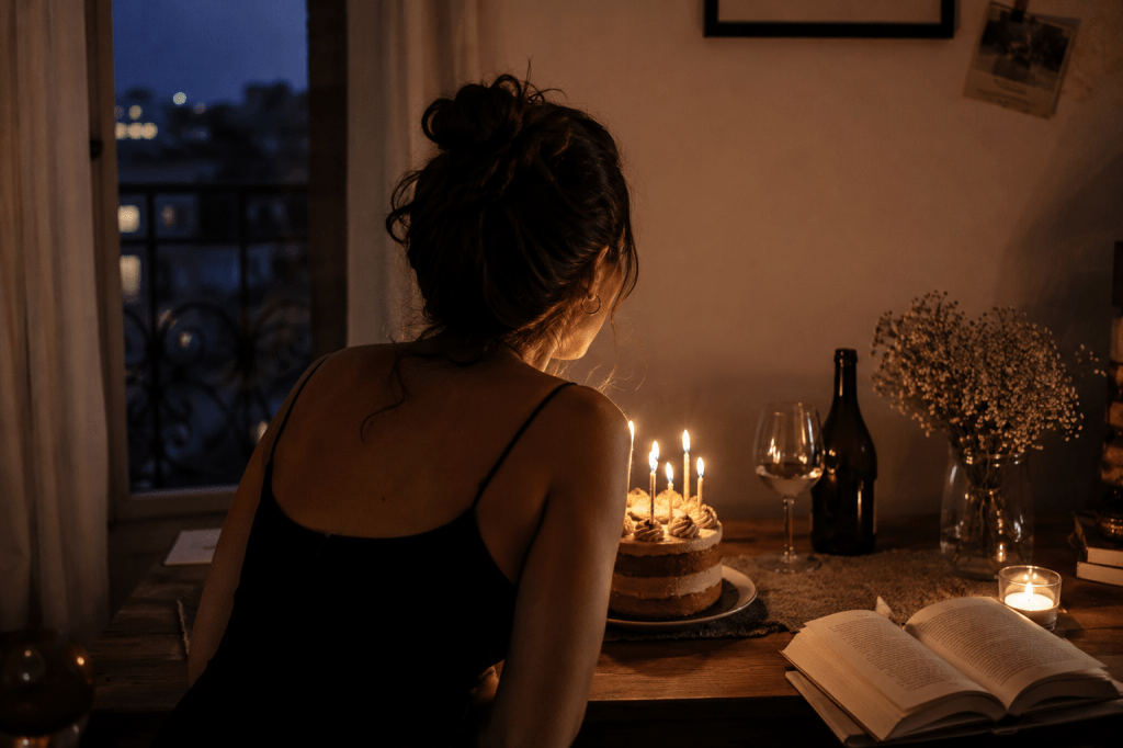 Joven mujer soplando velas por su cumpleaños
